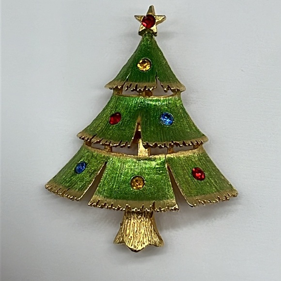 Vintage JJ Christmas Tree brooch pin | gold tone, enamel and rhinestones - Picture 2 of 11